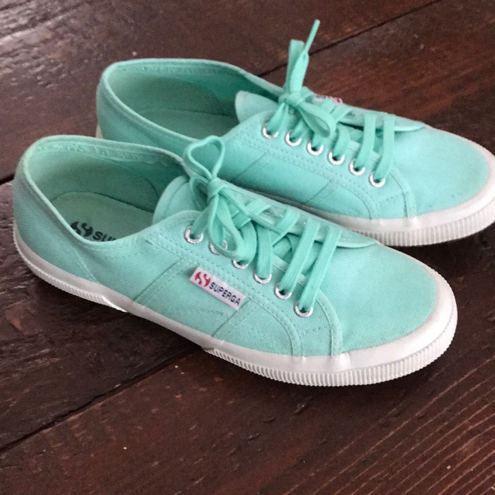 Mint color Superga sneakers, says 39.5 fits 9